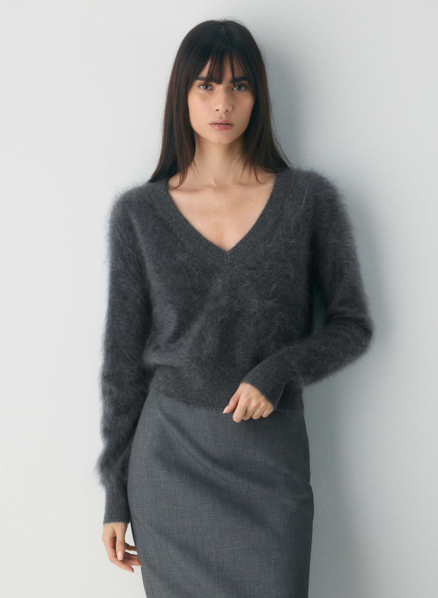 pulover din cașmir periat cu guler în v culoare heather charcoal
