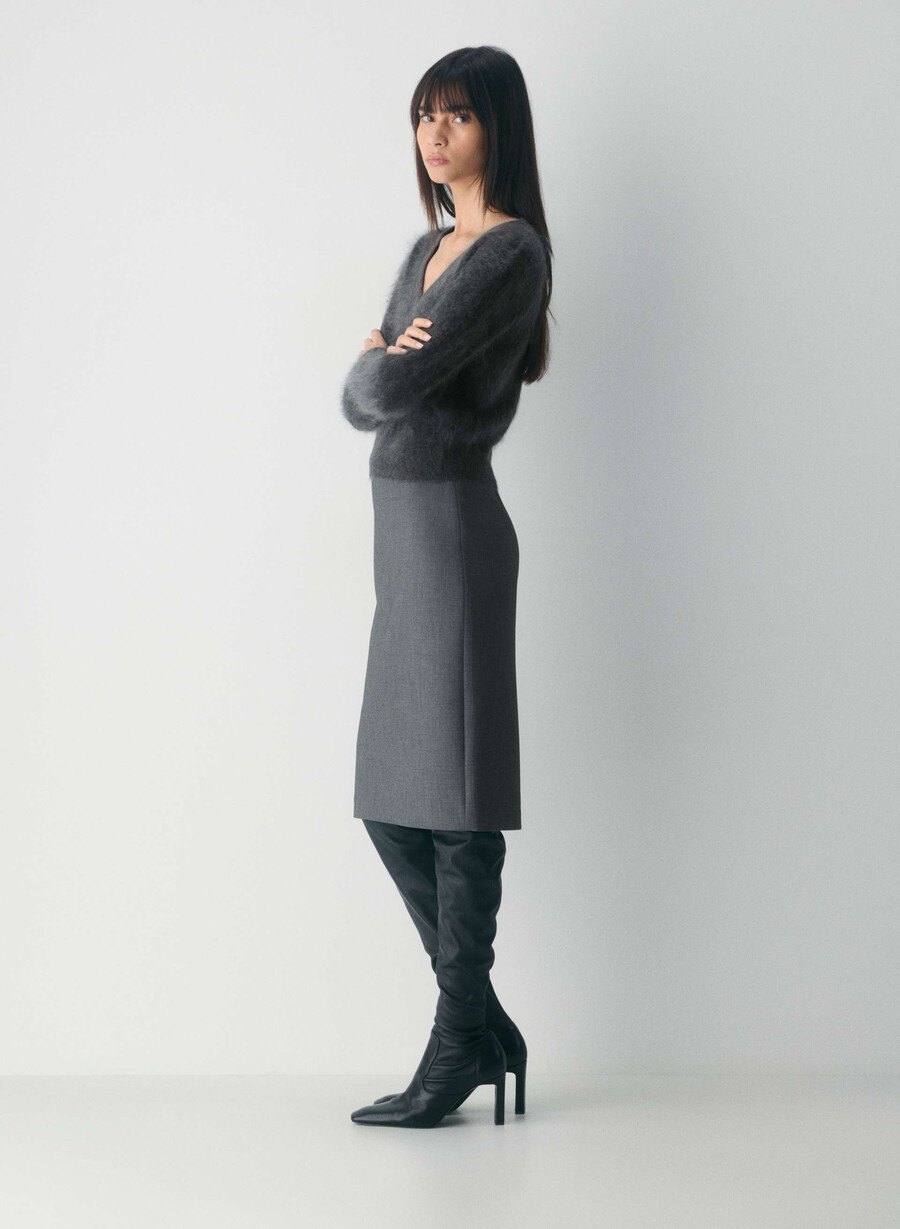 pulover din cașmir periat cu guler în v culoare heather charcoal