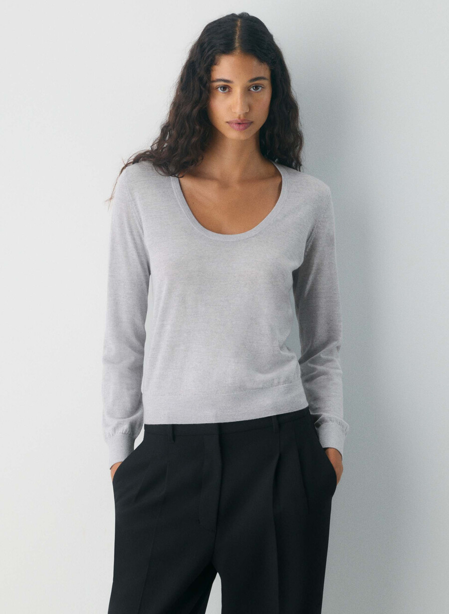 pulover cu guler rotund din lână merinos fină heather chrome