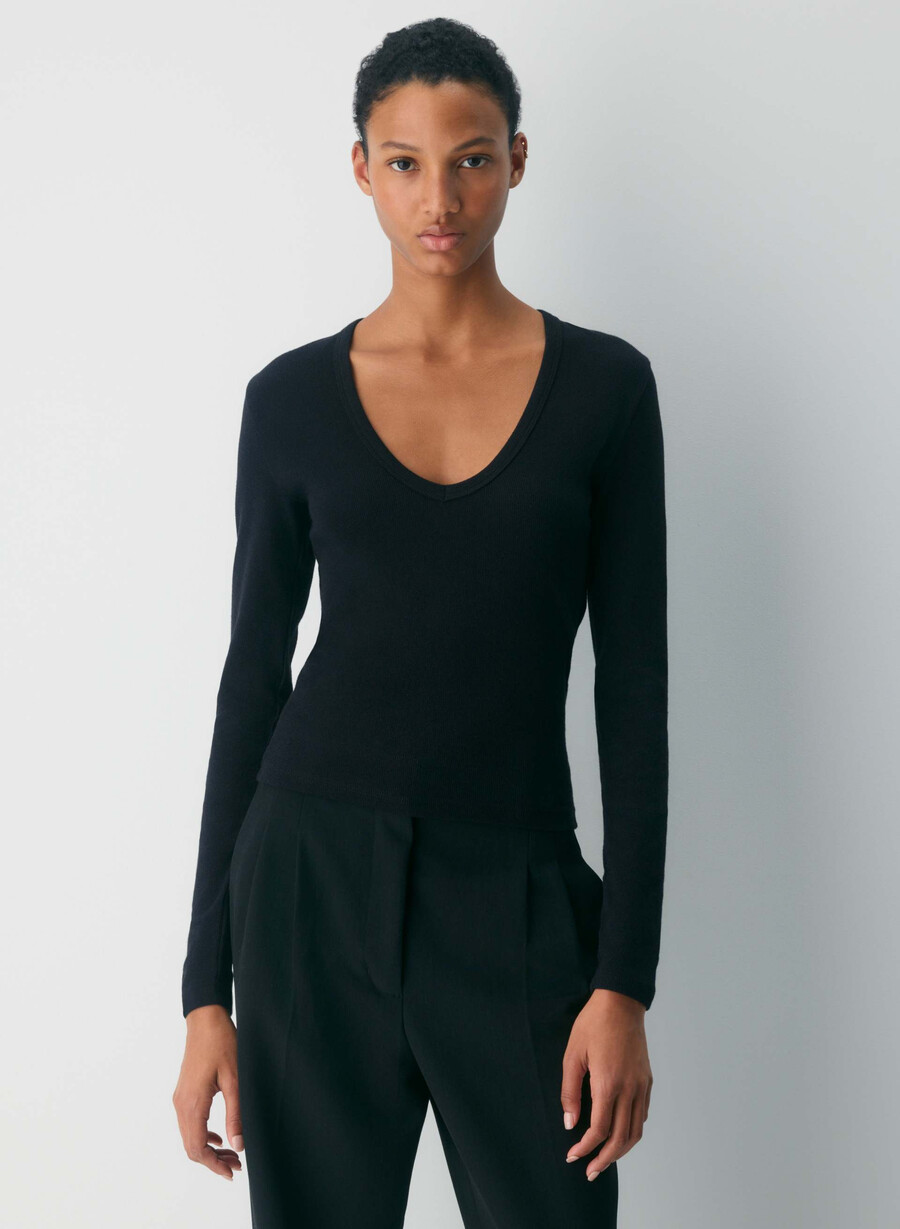 tricou cu mânecă lungă și decolteu adânc în v homestretch negru