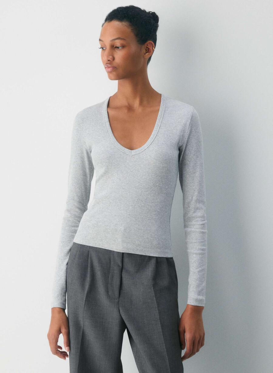 tricou homestretch cu mânecă lungă decolteu adânc în v culoare heather chrome