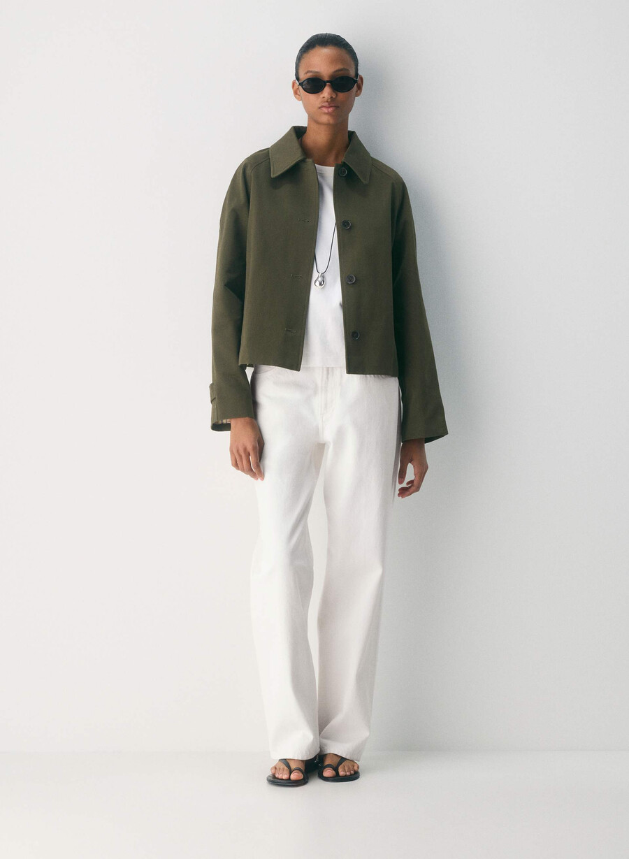 trench scurt regent - twill bogat măsliniu închis