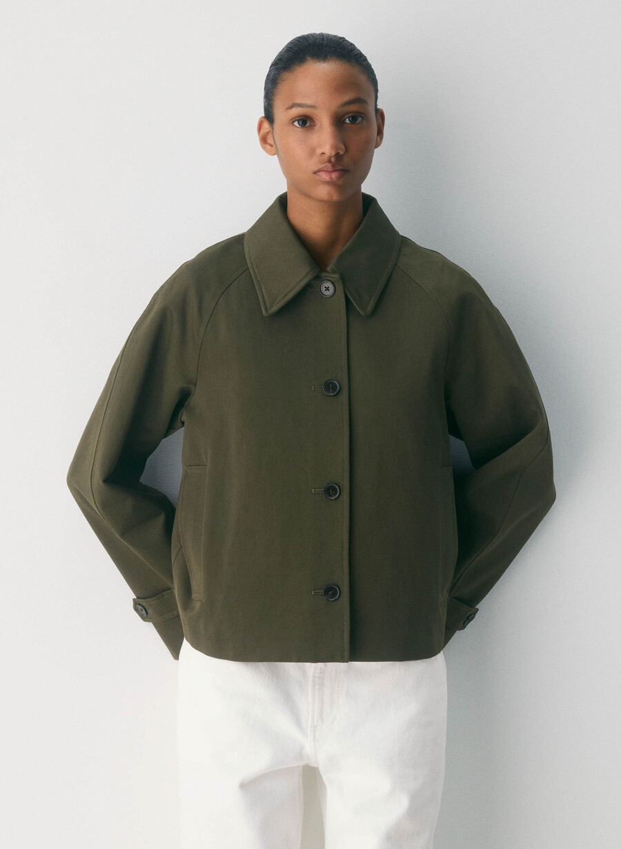 trench scurt regent - twill bogat măsliniu închis