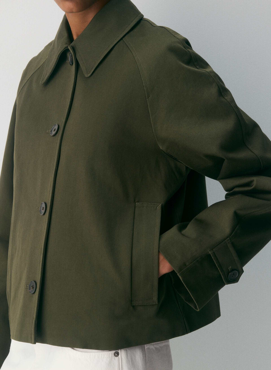 trench scurt regent - twill bogat măsliniu închis