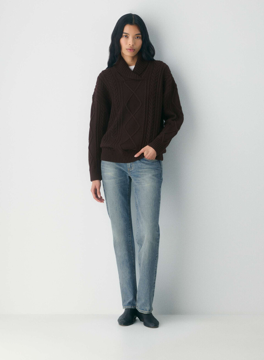 pulover heritage knit din lână merinos cu guler șal rich mocha brown
