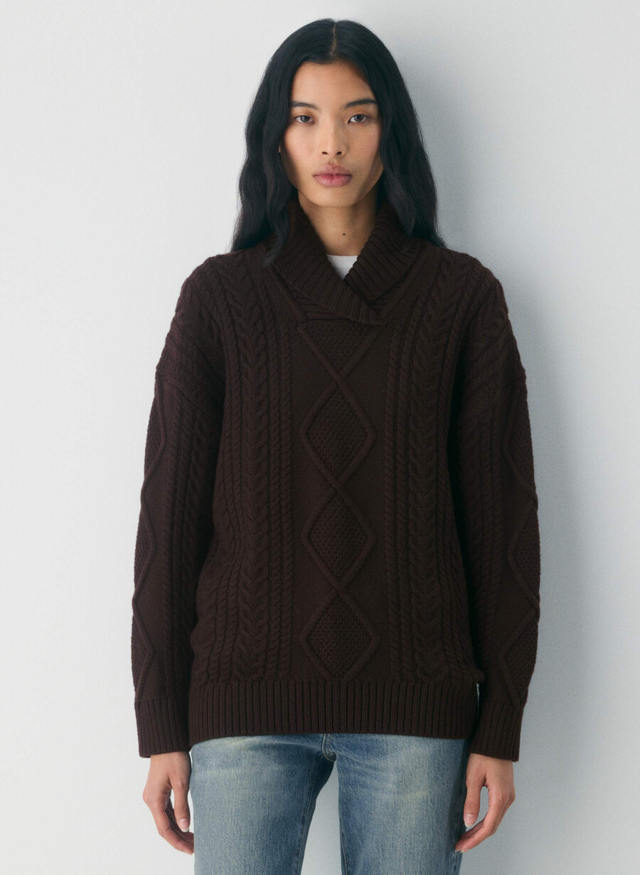 pulover heritage knit din lână merinos cu guler șal rich mocha brown