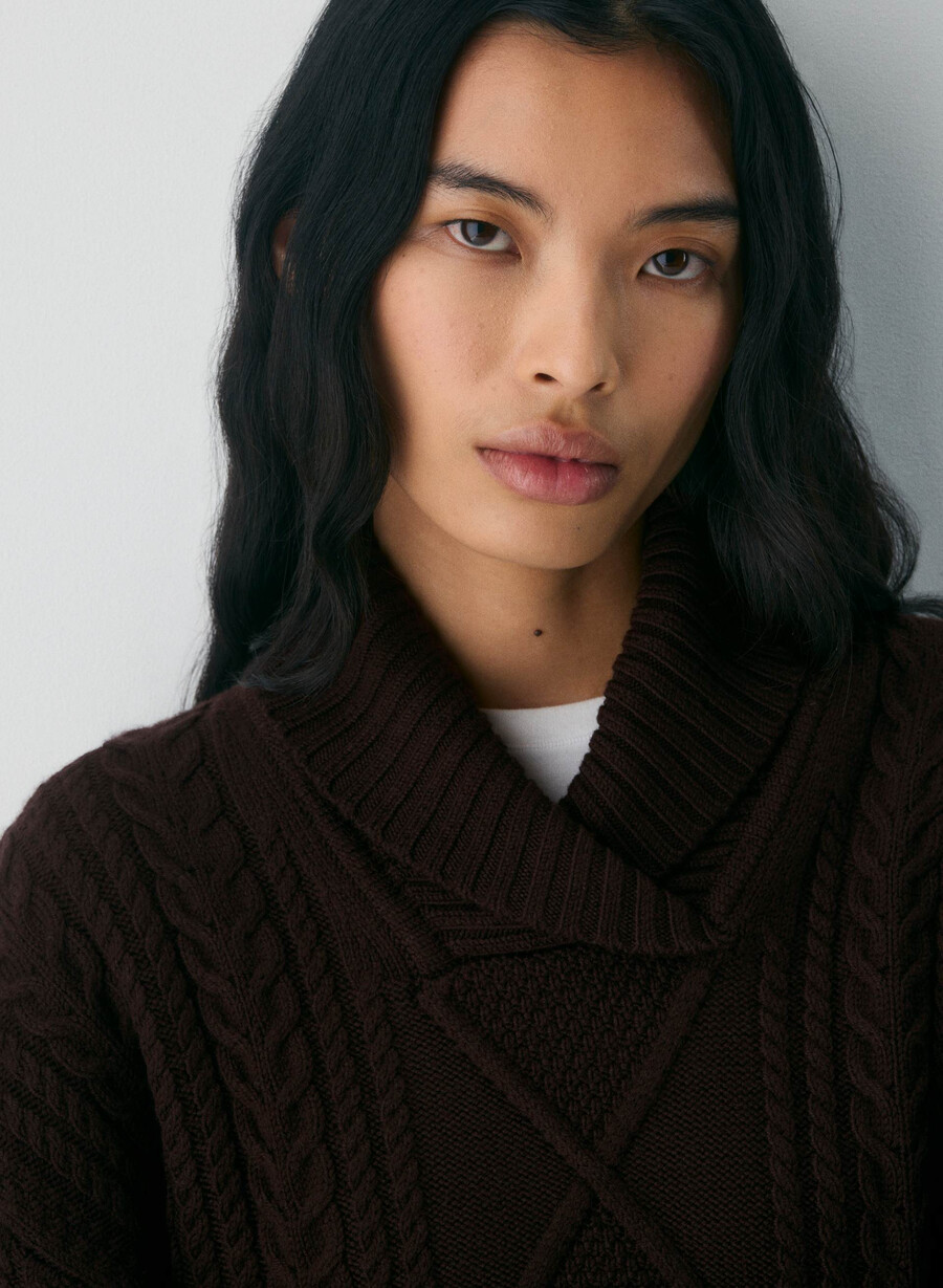 pulover heritage knit din lână merinos cu guler șal rich mocha brown