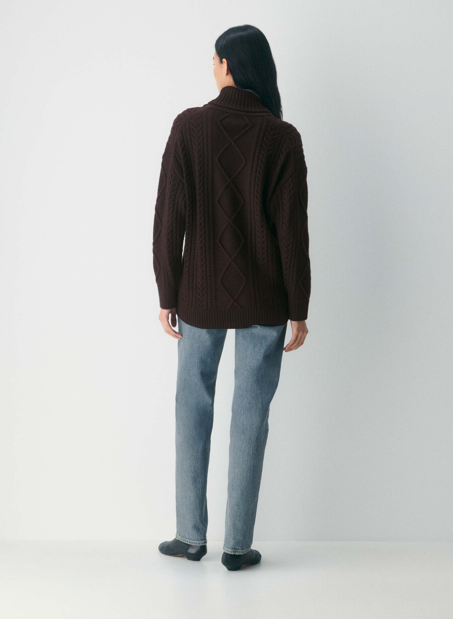 pulover heritage knit din lână merinos cu guler șal rich mocha brown