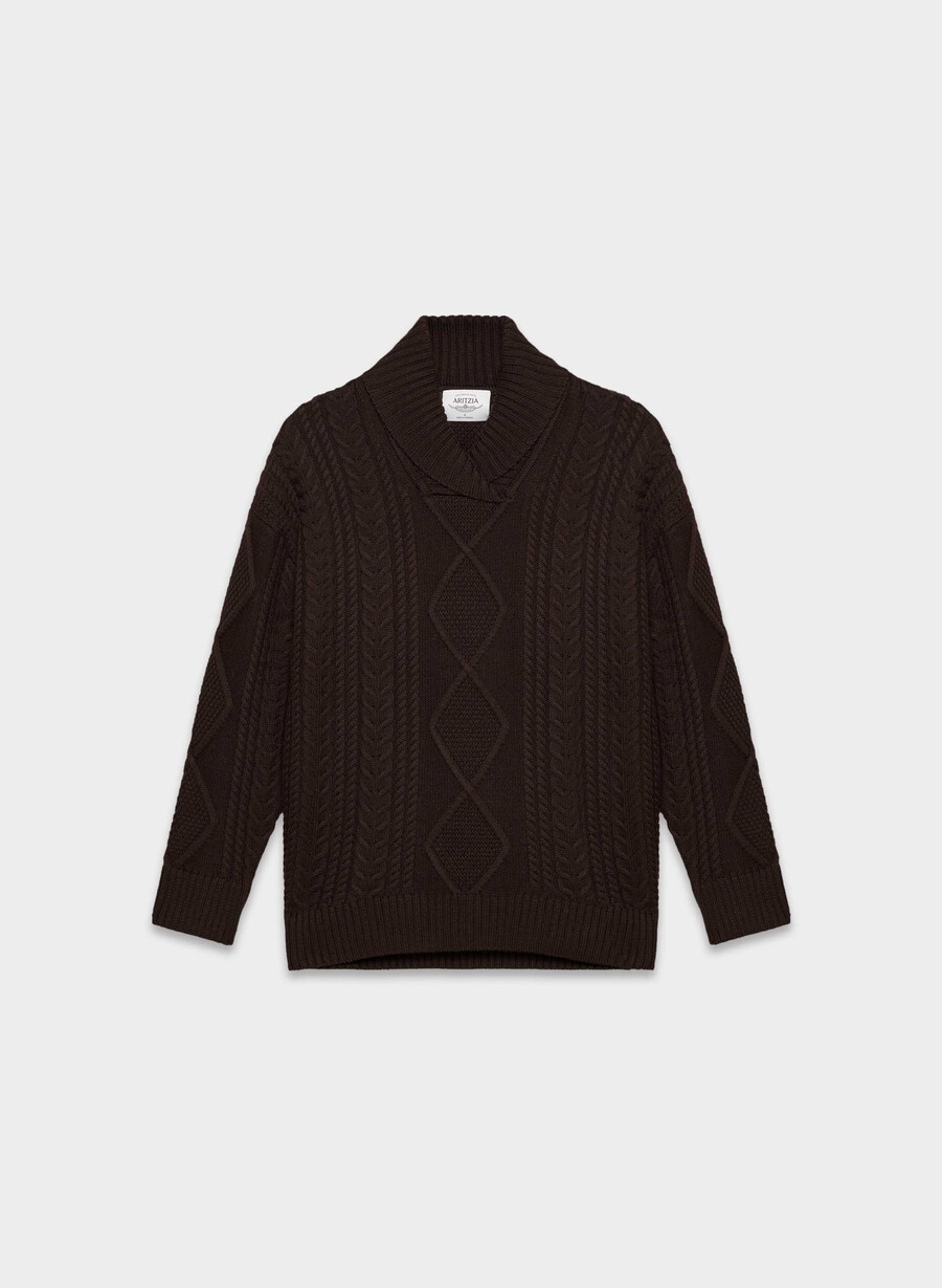 pulover heritage knit din lână merinos cu guler șal rich mocha brown