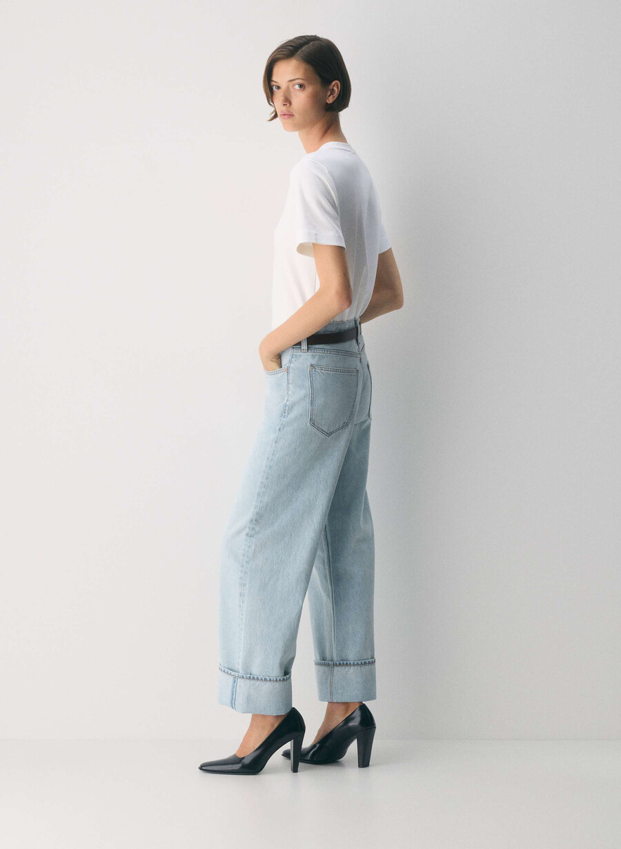 denim forum blugi vintage cu talie joasă și manșete anii 90 15 ani culoare albastru-aprins