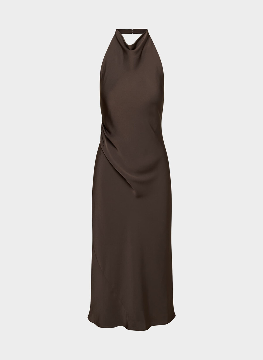 rochie audience din satin cu imprimeu halter maro mocha