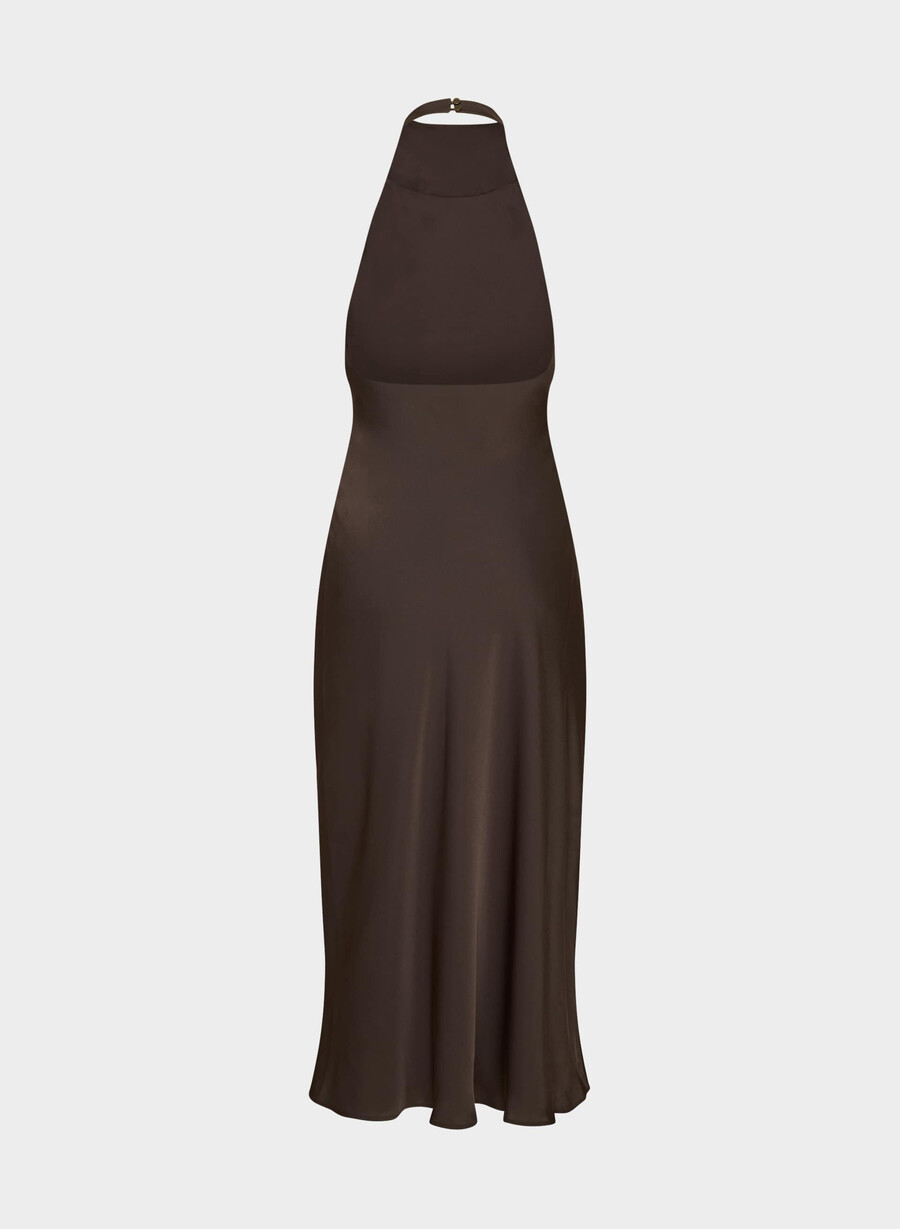 rochie audience din satin cu imprimeu halter maro mocha