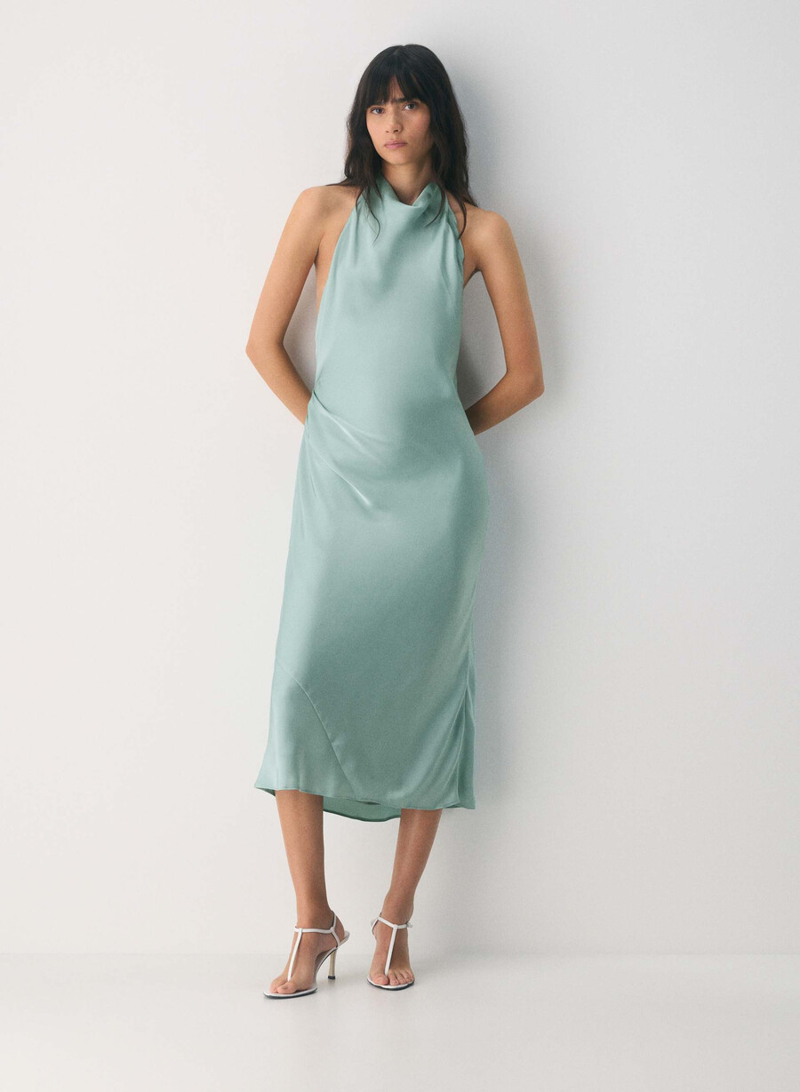 rochie audience din satin cu imprimeu halter maro mocha