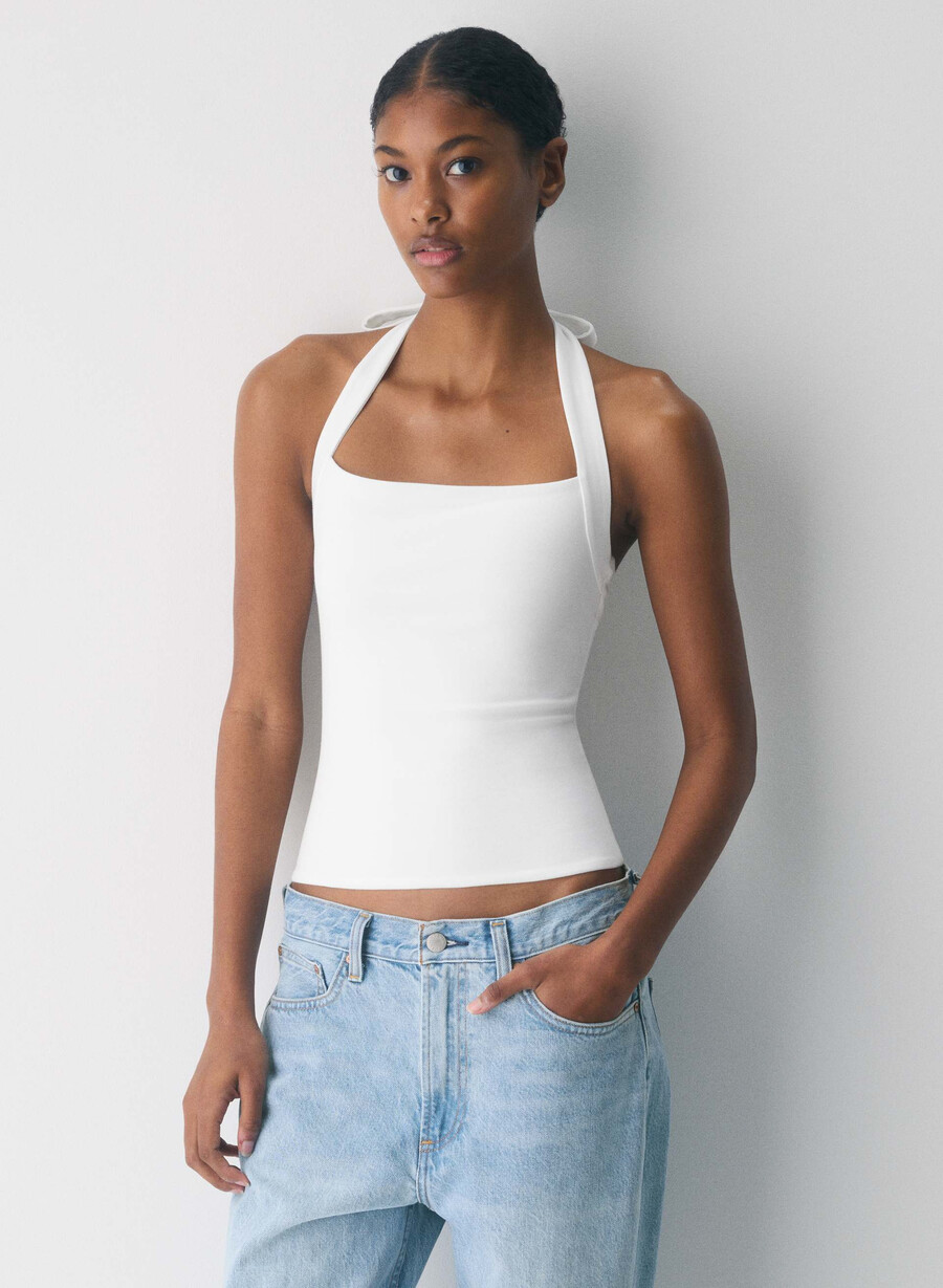 top casual contour optimum cu imprimeu halter alb