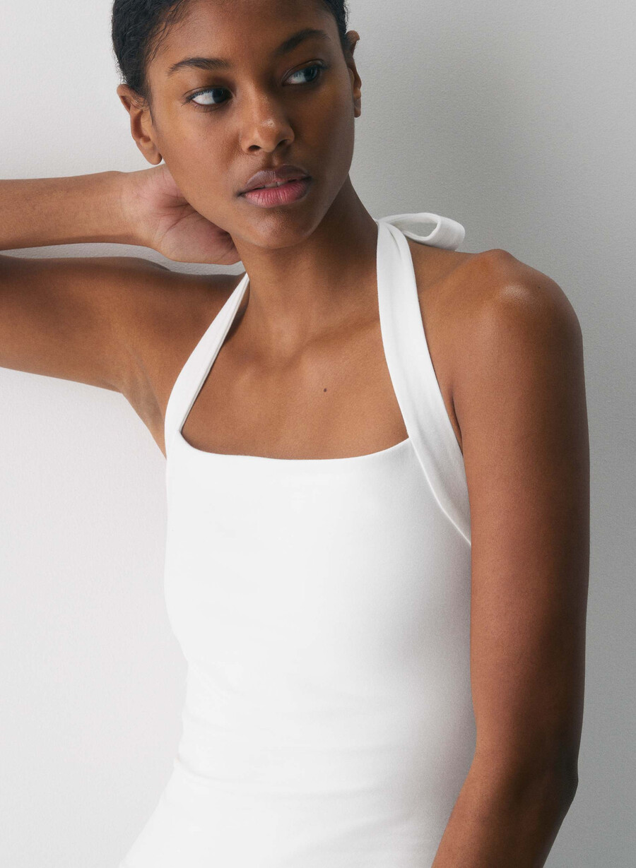 top casual contour optimum cu imprimeu halter alb
