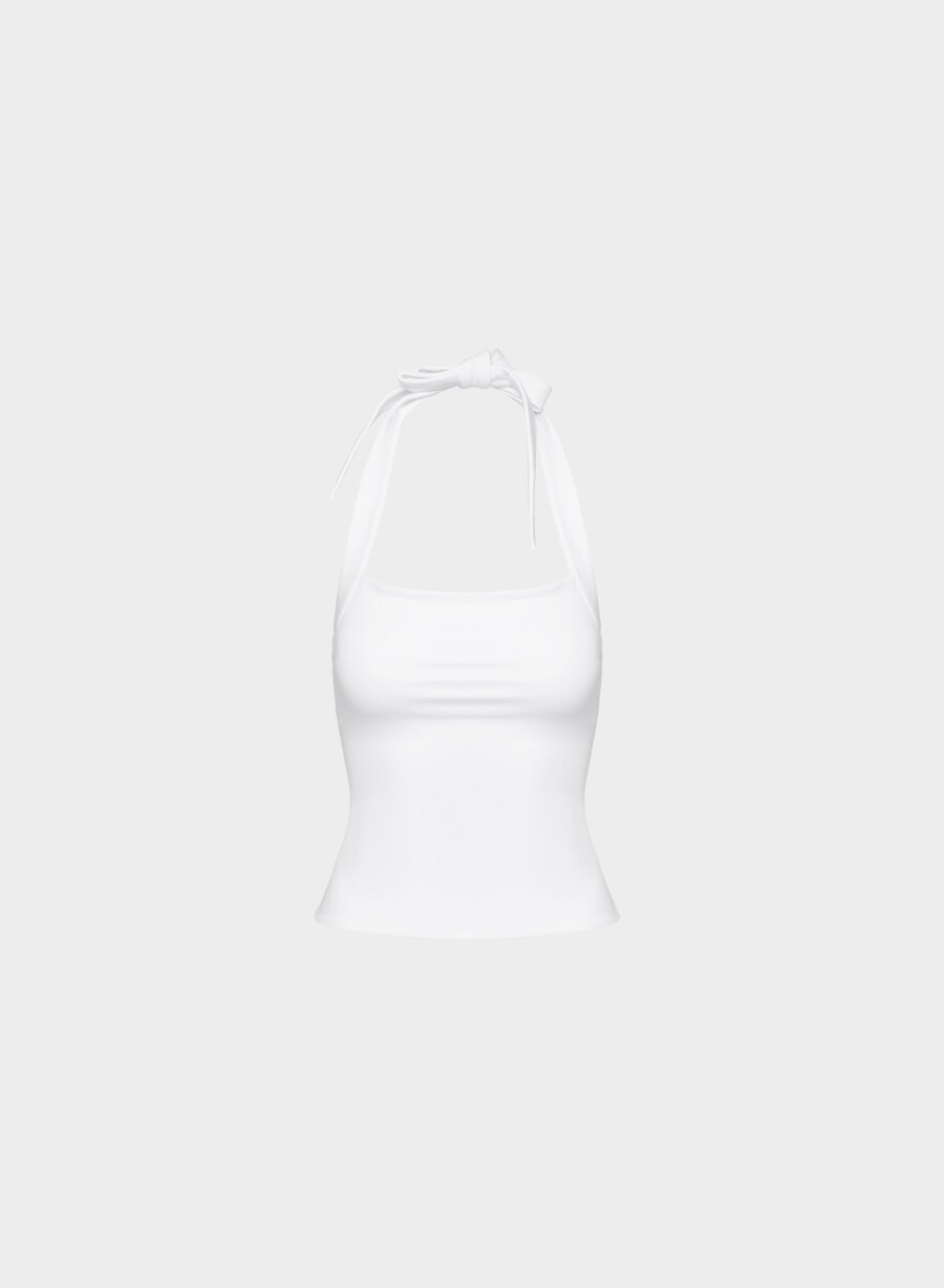 top casual contour optimum cu imprimeu halter alb
