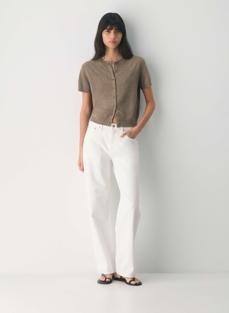 cardigan bare cashmere cu mânecă scurtă model creț maro închis