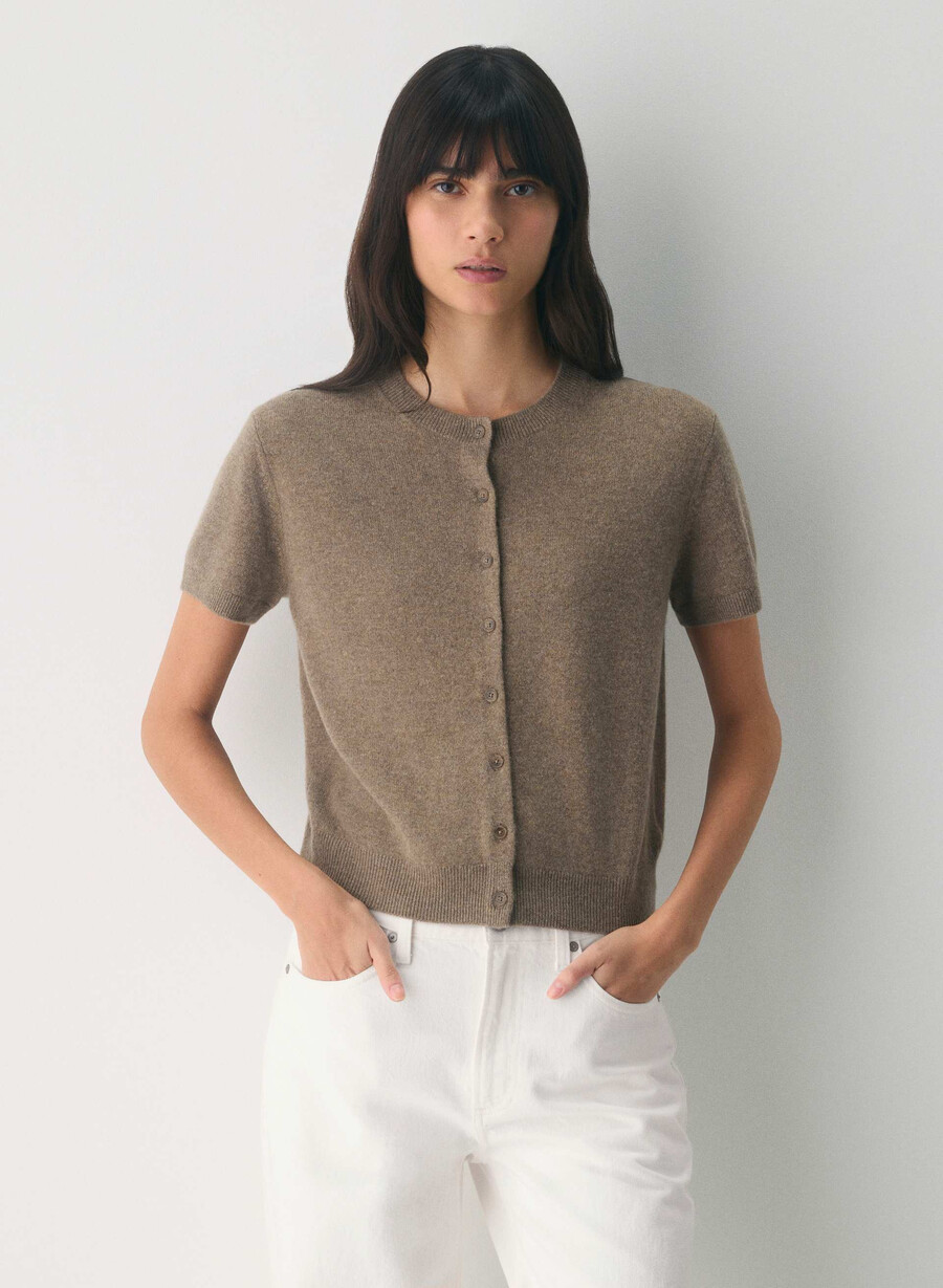 cardigan bare cashmere cu mânecă scurtă model creț maro închis