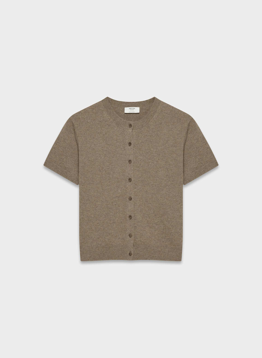 cardigan bare cashmere cu mânecă scurtă model creț maro închis