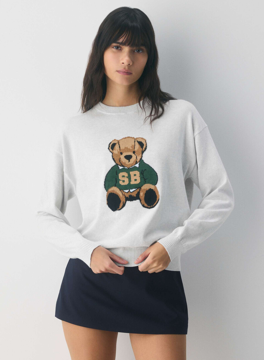 pulover cotton charm prep icon h cld wht teddy bea