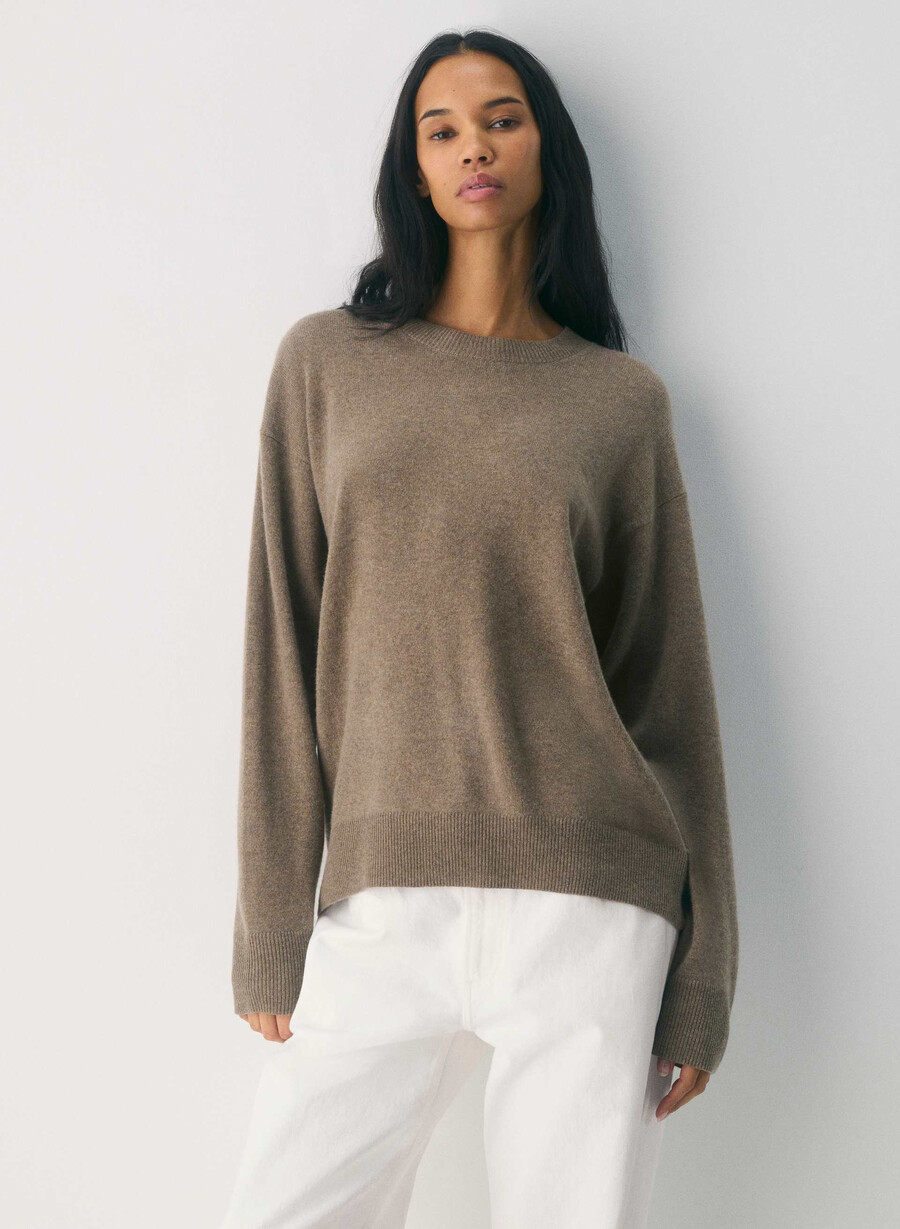 pulover bare cashmere relaxed crew heather folio brown