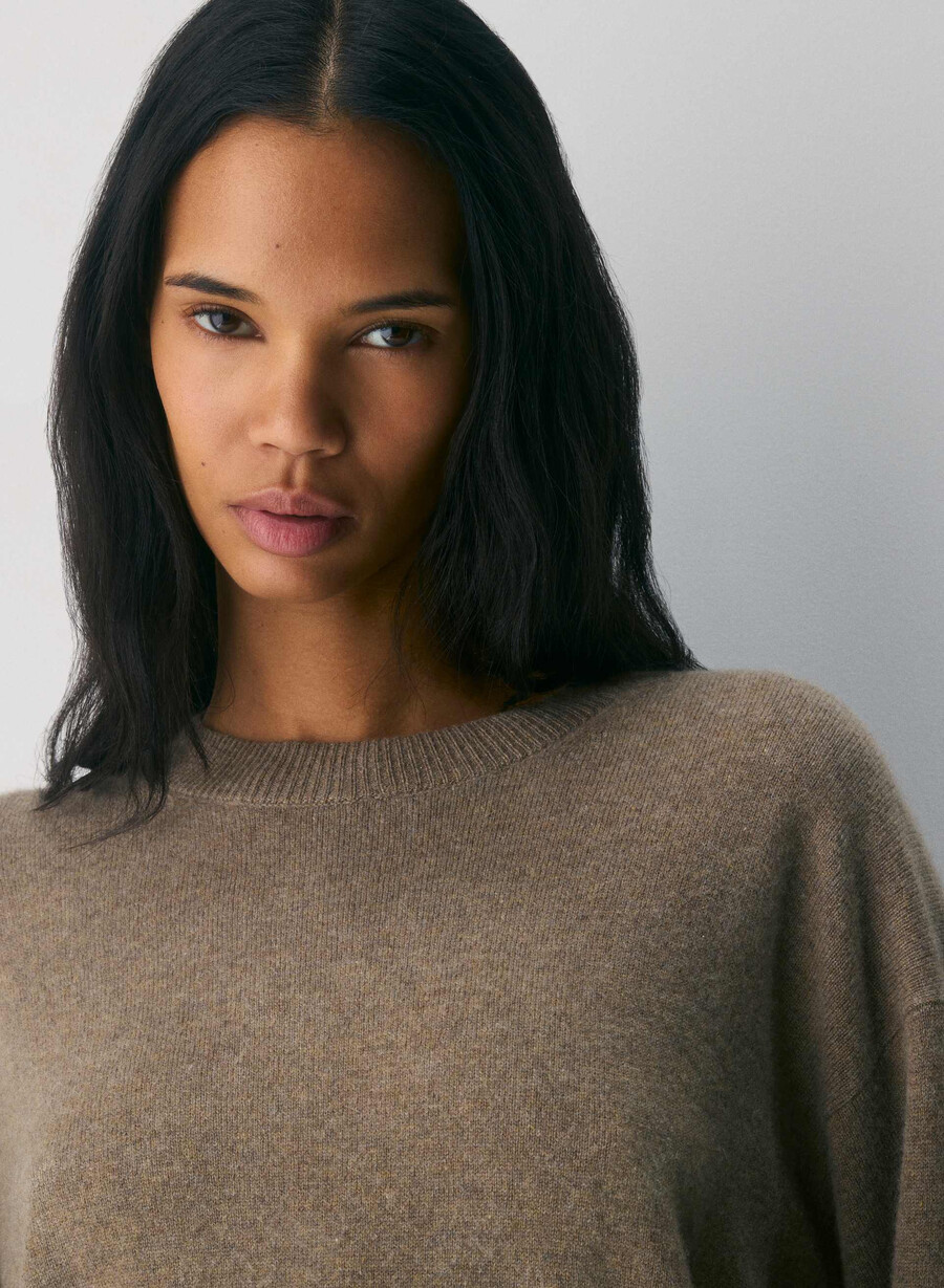 pulover bare cashmere relaxed crew heather folio brown