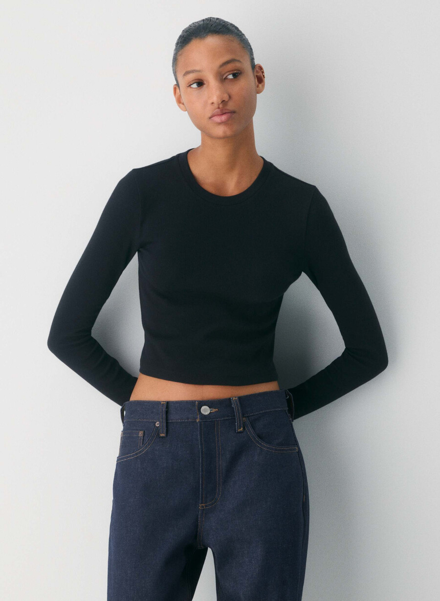 tricou cu mânecă lungă homestretch rib talie rotundă negru